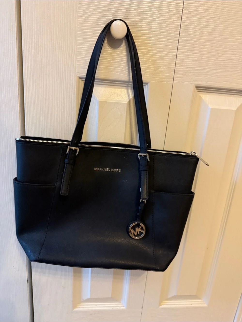 Michael Kors Black Leather Tote with MK Charm